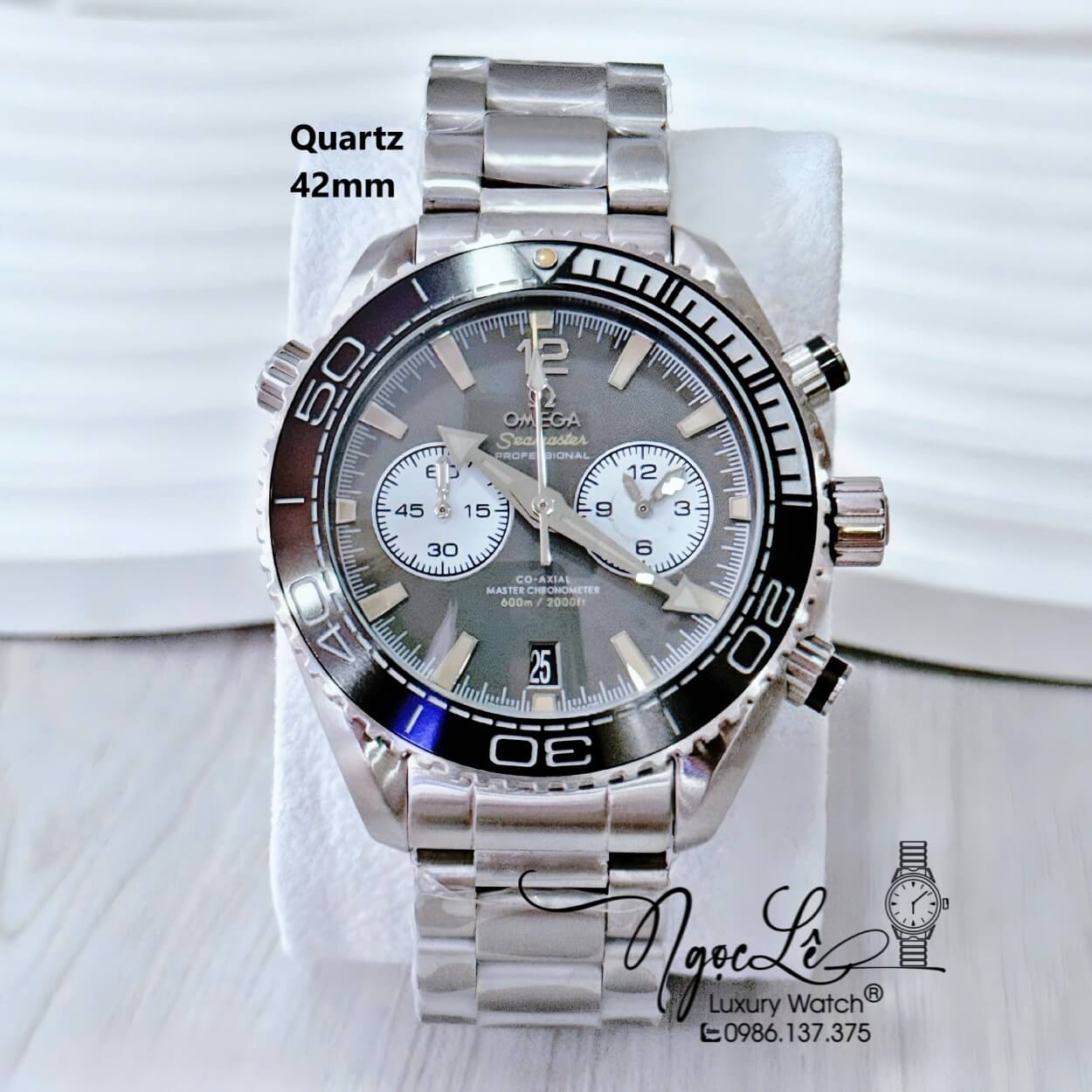 Đồng Hồ Nam Omega Quartz Dây Kim Loại 5 Kim - Màu Bạc Mặt Xám Size 42mm