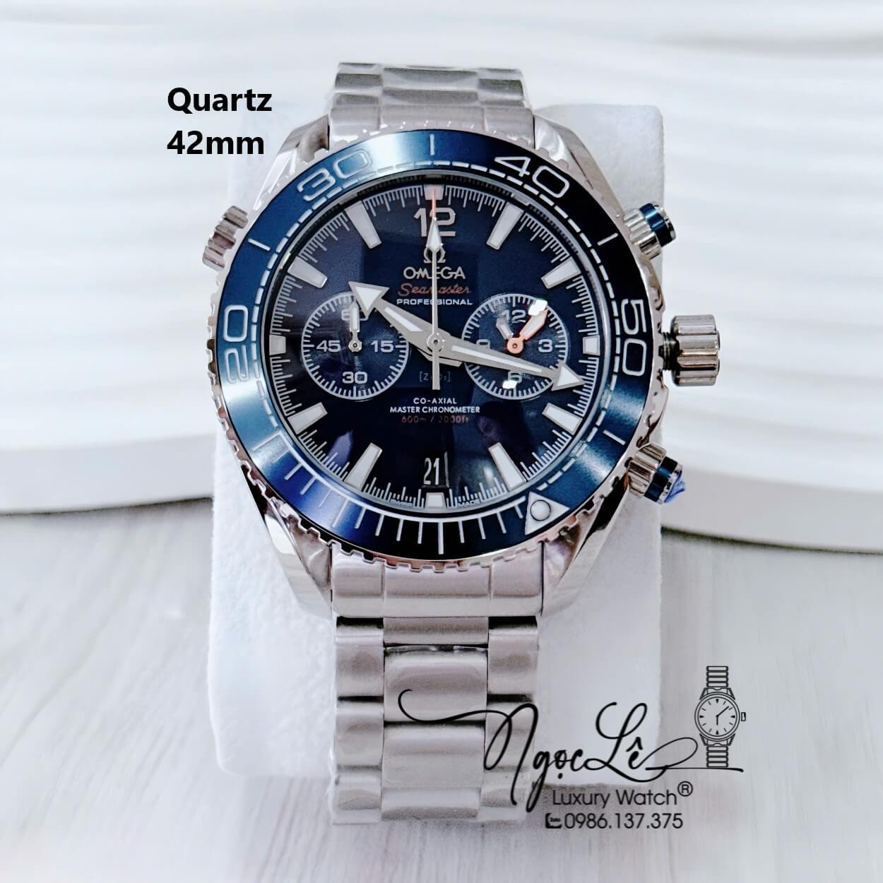 Đồng Hồ Nam Omega Quartz Dây Kim Loại 5 Kim - Màu Bạc Mặt Xanh Navy Size 42mm