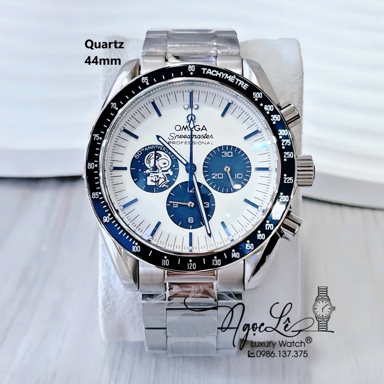 Đồng Hồ Nam Omega Quartz Dây Kim Loại 6 Kim - Bạc Mặt Trắng Viền Đen Size 44mm