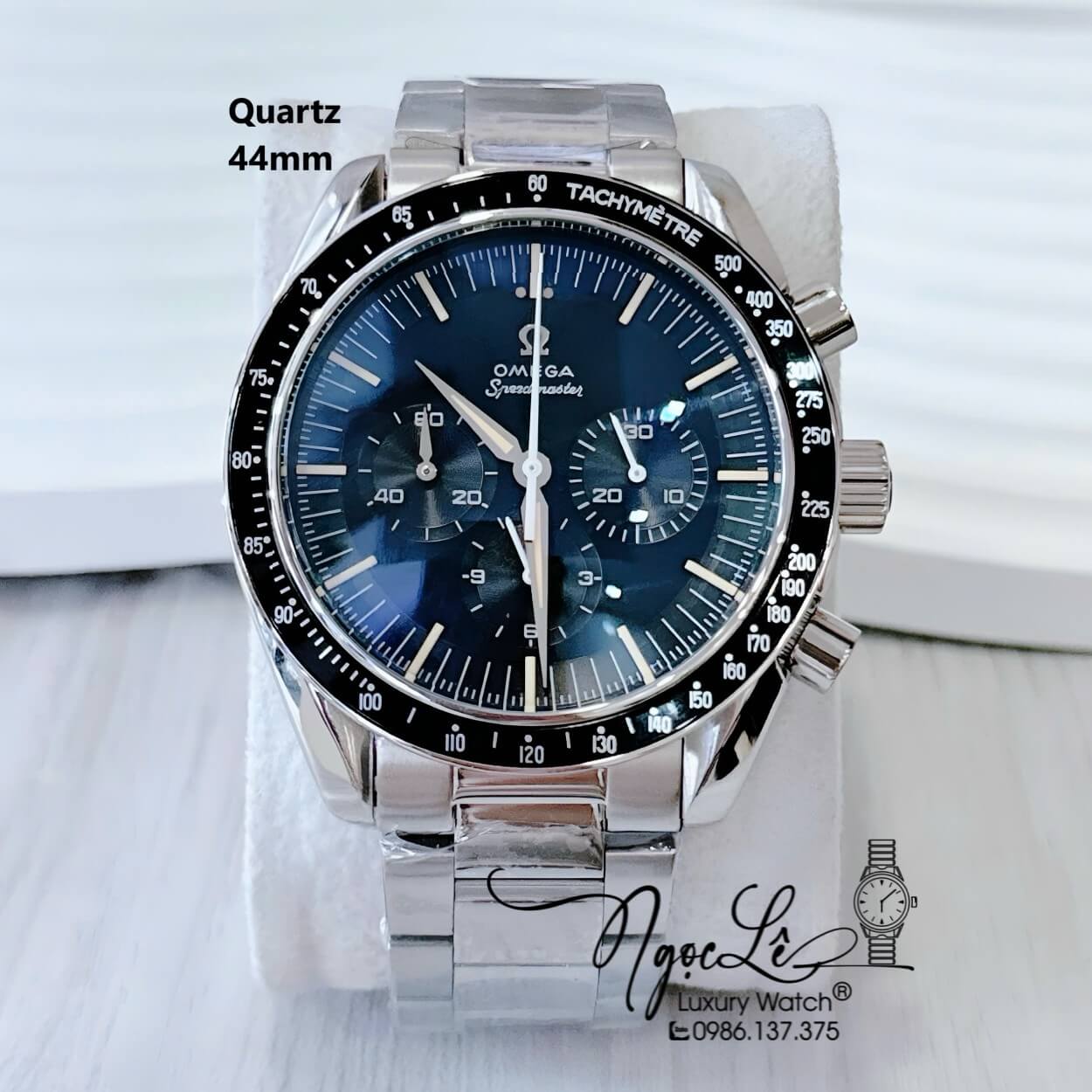 Đồng Hồ Nam Omega Quartz Dây Kim Loại 6 Kim - Bạc Mặt Xanh Đen Cổ Vịt Size 44mm