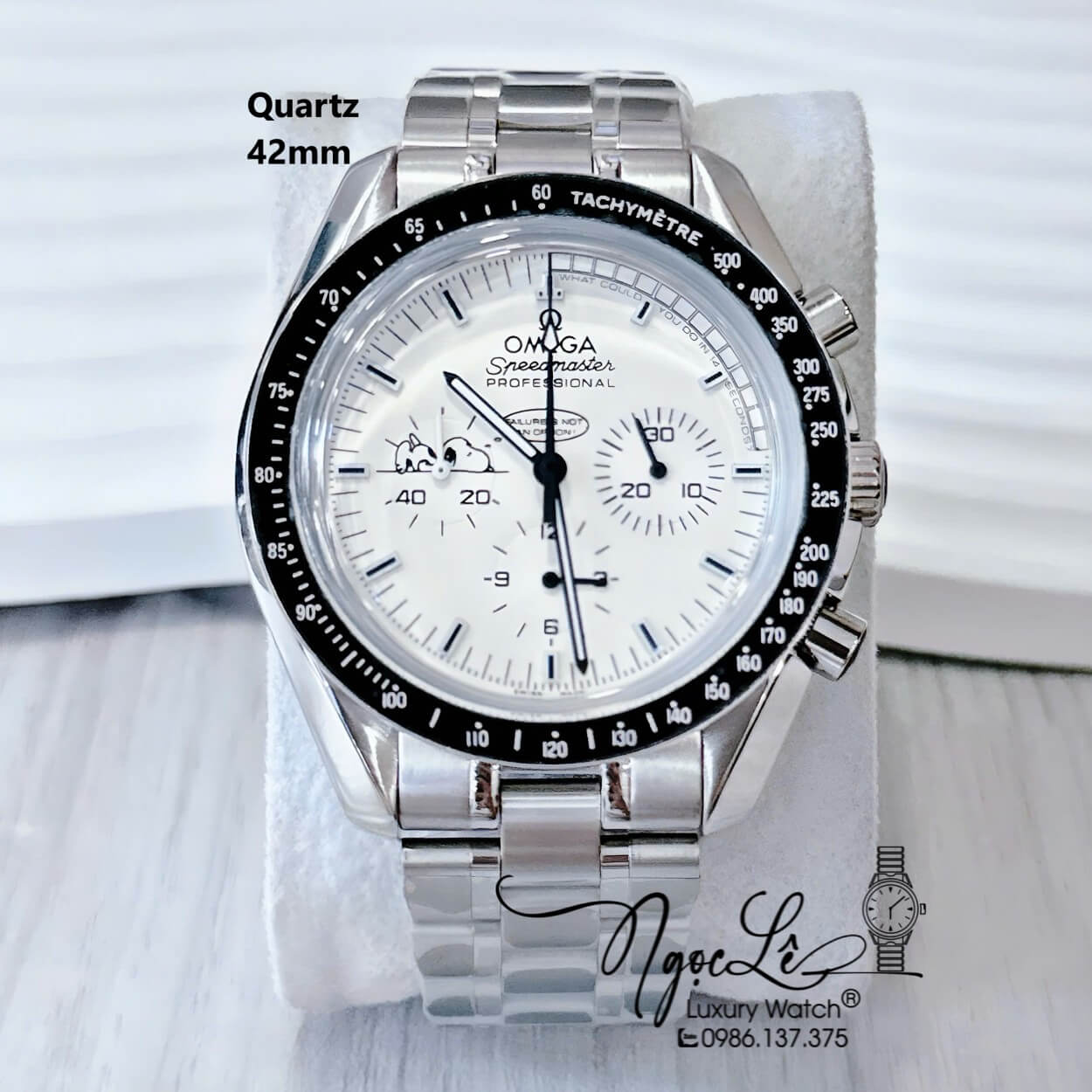 Đồng Hồ Nam Omega Quartz Dây Kim Loại 6 Kim - Màu Bạc Mặt Trắng Viền Đen Size 42mm - Omega Snoopy