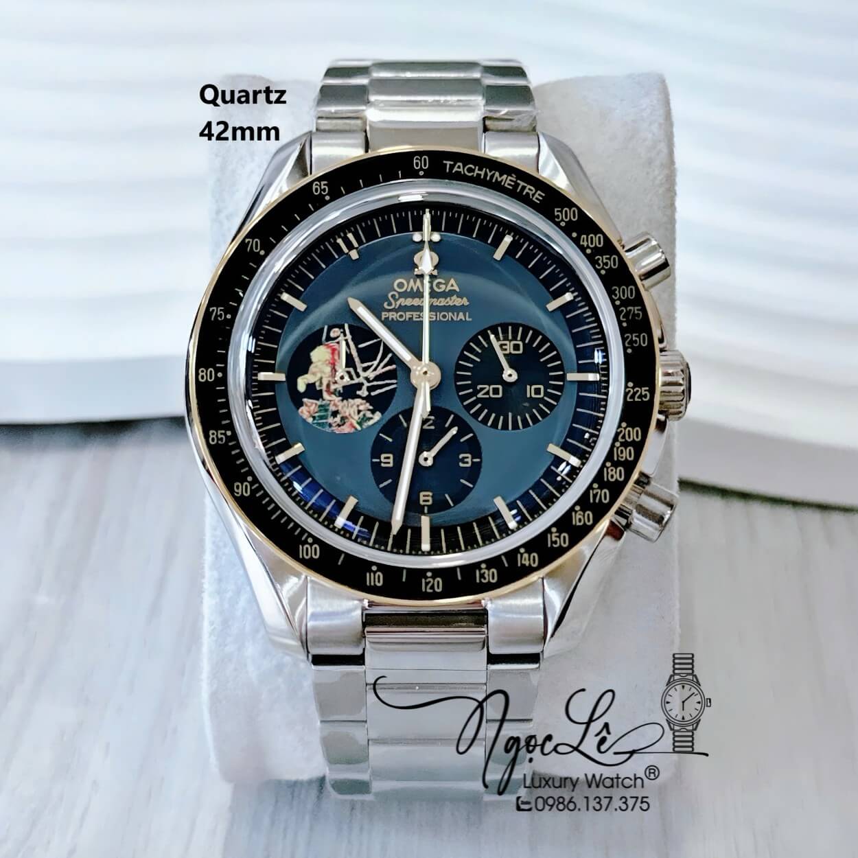 Đồng Hồ Nam Omega Quartz Dây Kim Loại 6 Kim - Màu Bạc Mặt Xanh Viền Đen Size 42mm Omega Speedmaster Moonwatch
