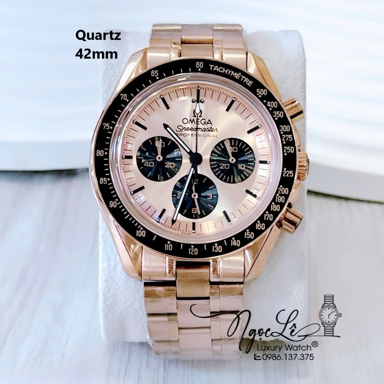 Đồng Hồ Nam Omega Quartz Dây Kim Loại 6 Kim - Màu Vàng Hồng Viền Đen Size 42mm