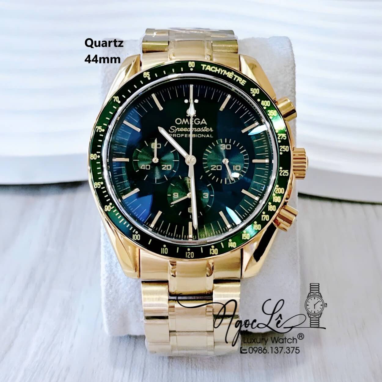 Đồng Hồ Nam Omega Quartz Dây Kim Loại 6 Kim - Vàng Mặt Xanh Rêu Size 44mm
