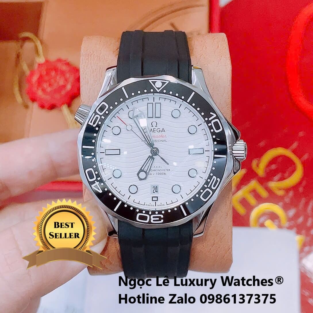 Đồng Hồ Nam Omega Seamaster Diver Automatic Dây Cao Su Đen Size 41mm - Vỏ Bạc Mặt Trắng Viền Đen