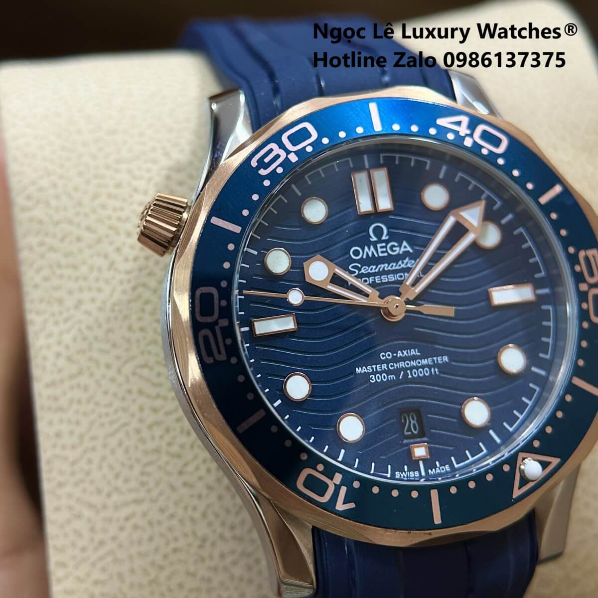 Đồng Hồ Nam Omega Seamaster Diver Automatic Dây Cao Su Xanh Size 41mm - Vỏ Demi Rose Mặt Xanh