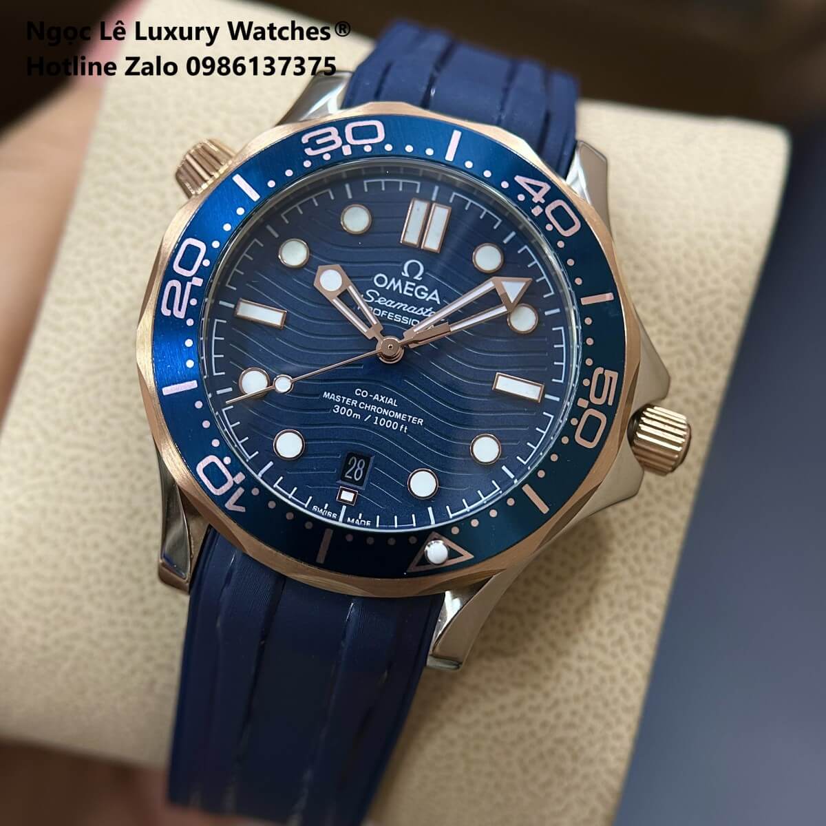 Đồng Hồ Nam Omega Seamaster Diver Automatic Dây Cao Su Xanh Size 41mm - Vỏ Demi Rose Mặt Xanh