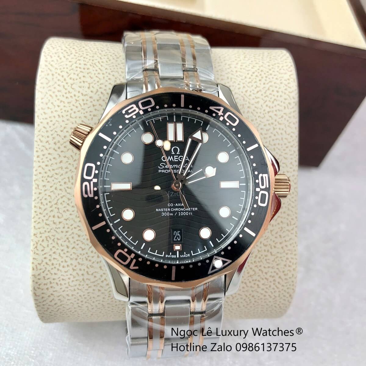 Đồng Hồ Nam Omega Seamaster Diver Automatic Dây Kim Loại Demi Rose Size 41mm - Mặt Đen