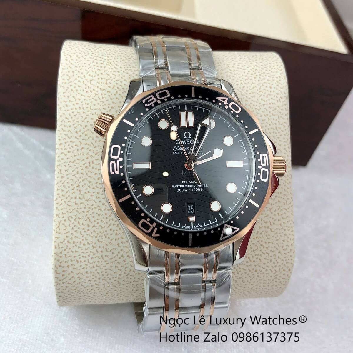 Đồng Hồ Nam Omega Seamaster Diver Automatic Dây Kim Loại Demi Rose Size 41mm - Mặt Đen