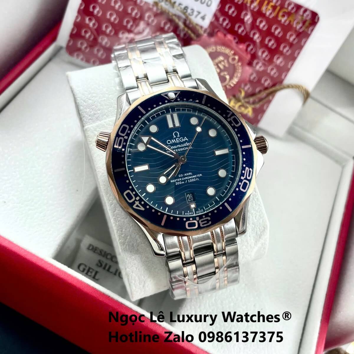 Đồng Hồ Nam Omega Seamaster Diver Automatic Dây Kim Loại Demi Vàng Hồng Size 41mm - Mặt Xanh