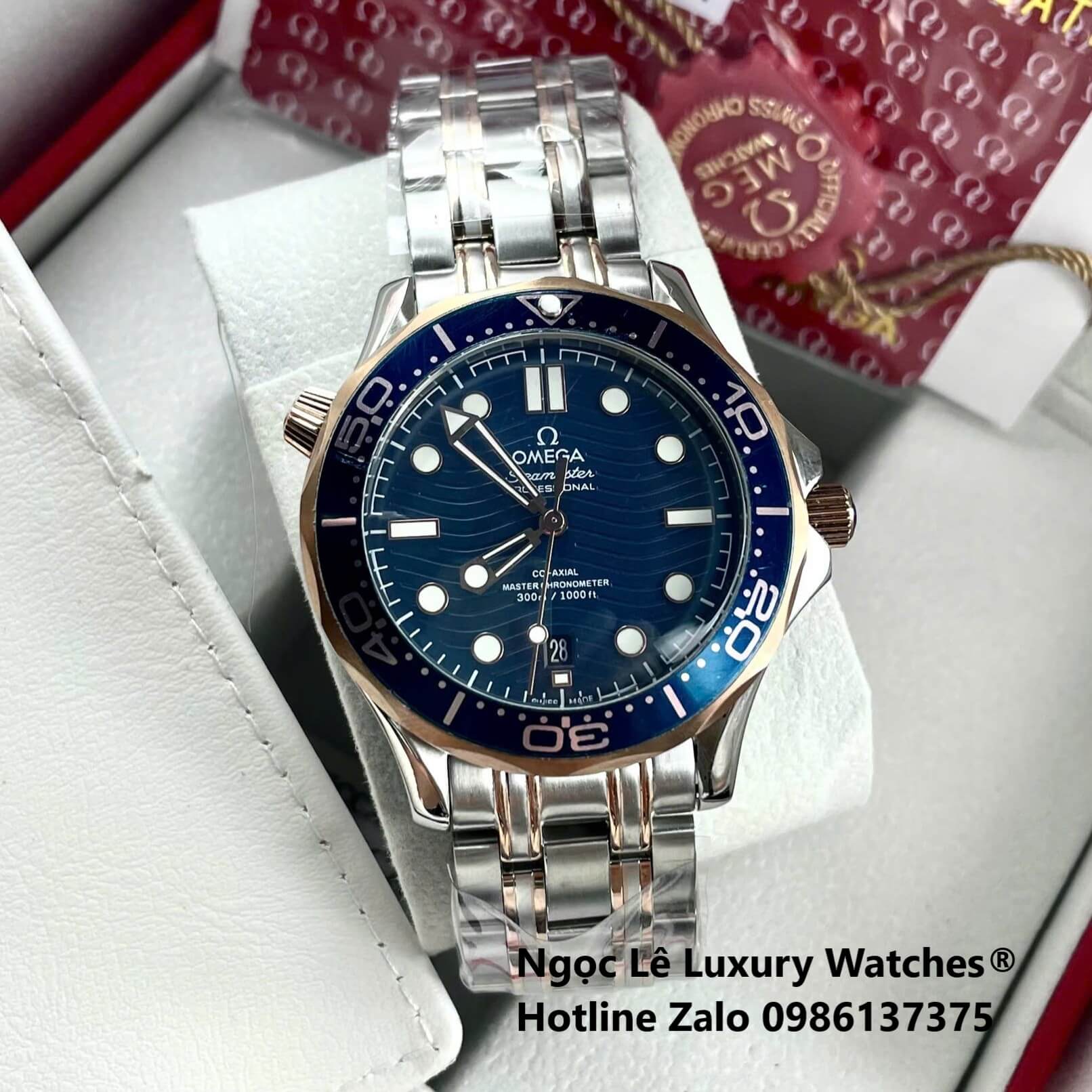 Đồng Hồ Nam Omega Seamaster Diver Automatic Dây Kim Loại Demi Vàng Hồng Size 41mm - Mặt Xanh