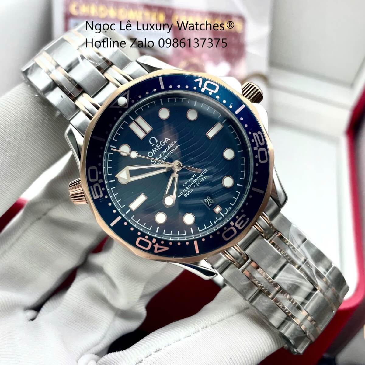 Đồng Hồ Nam Omega Seamaster Diver Automatic Dây Kim Loại Demi Vàng Hồng Size 41mm - Mặt Xanh
