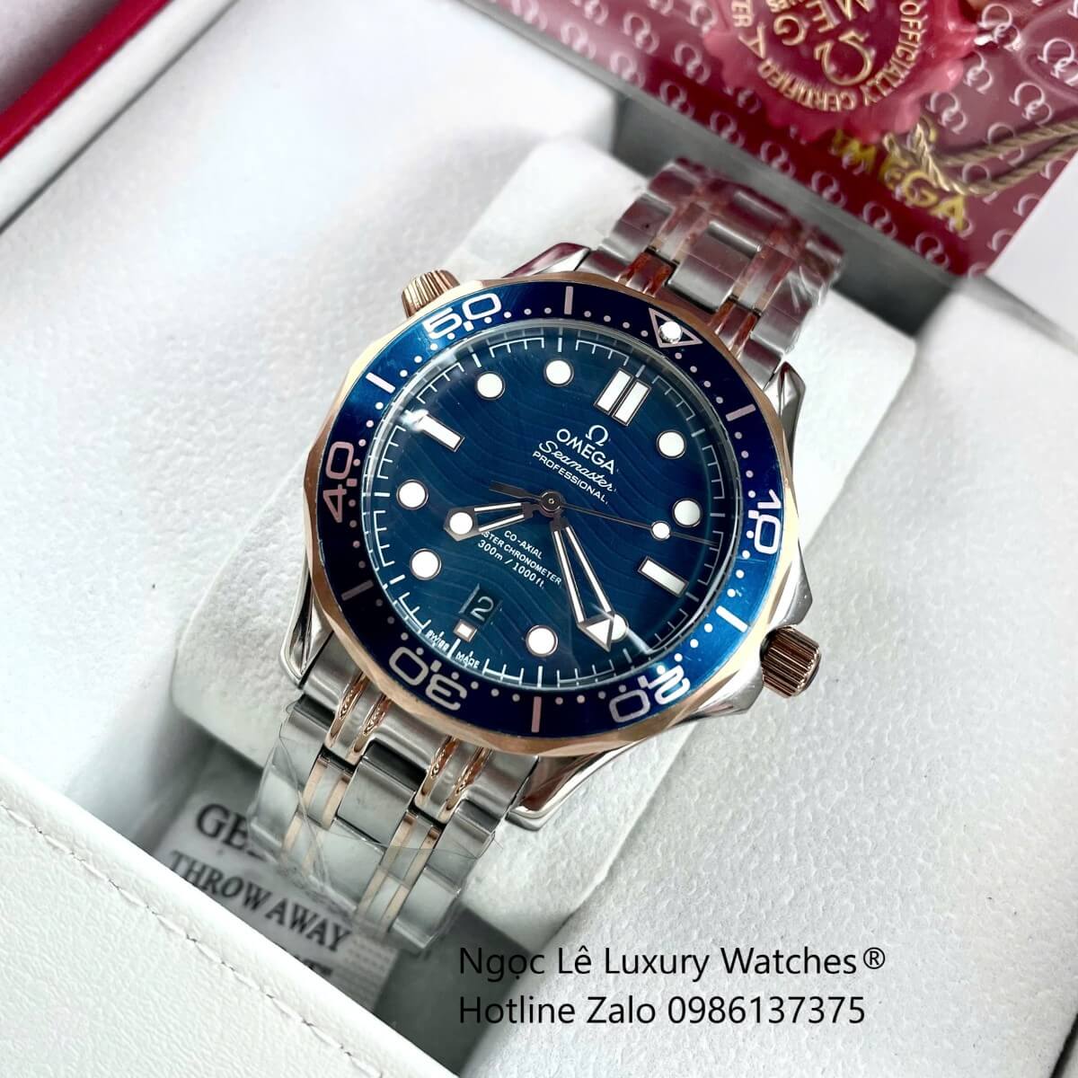 Đồng Hồ Nam Omega Seamaster Diver Automatic Dây Kim Loại Demi Vàng Hồng Size 41mm - Mặt Xanh