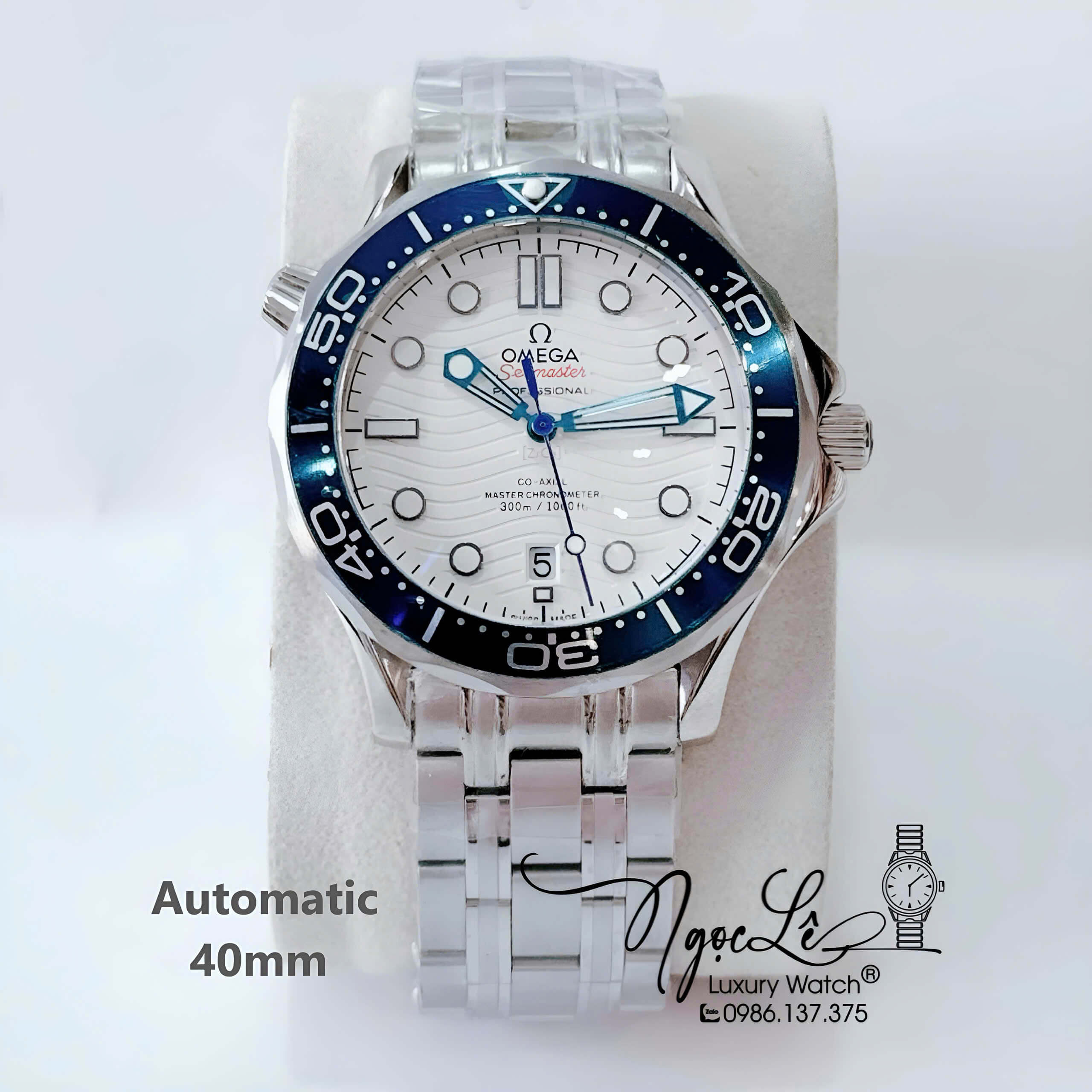 Đồng Hồ Nam Omega Seamaster Diver Automatic Dây Kim Loại Silver Size 41mm - Mặt Trắng Viền Xanh