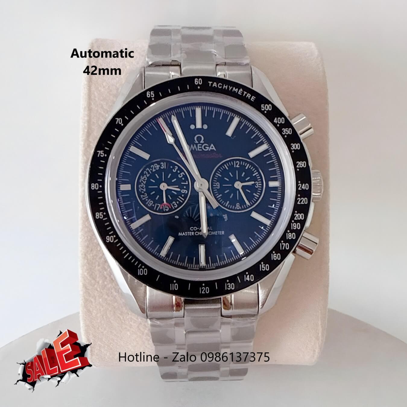 Đồng Hồ Omega Speedmaster Automatic Dây Thép Silver Mặt Xanh Viền Đen Size 42mm