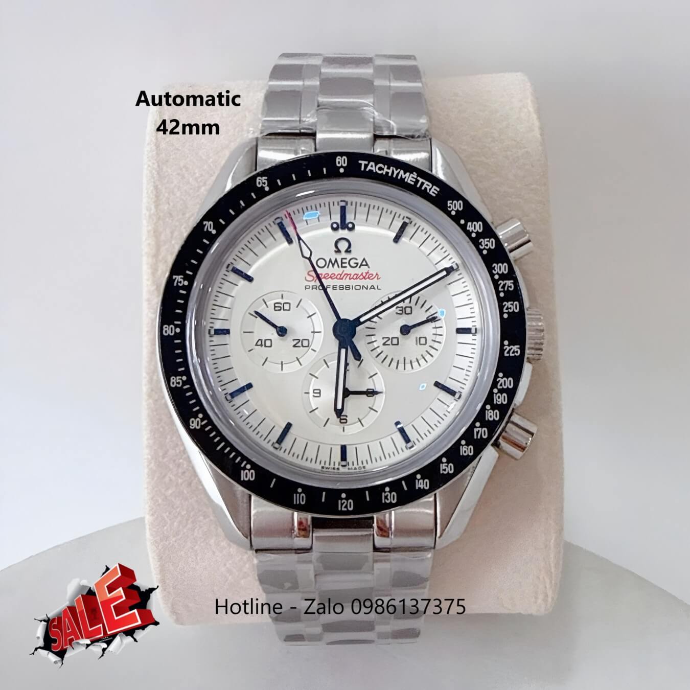 Đồng Hồ Omega Speedmaster Automatic Dây Thép Silver Mặt Trắng Viền Đen Size 42mm