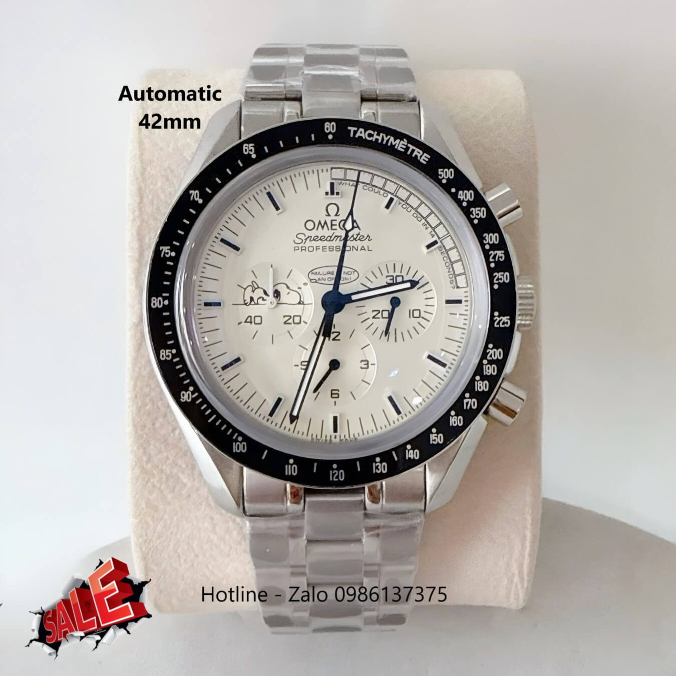 Đồng Hồ Omega Speedmaster Snoopy Automatic Dây Thép Silver Mặt Trắng Viền Đen Size 42mm
