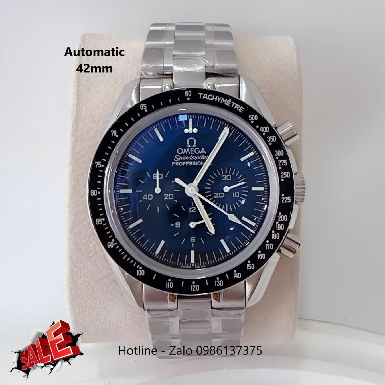 Đồng Hồ Omega Speedmaster Automatic Dây Thép Silver Mặt Xanh Viền Đen Size 42mm