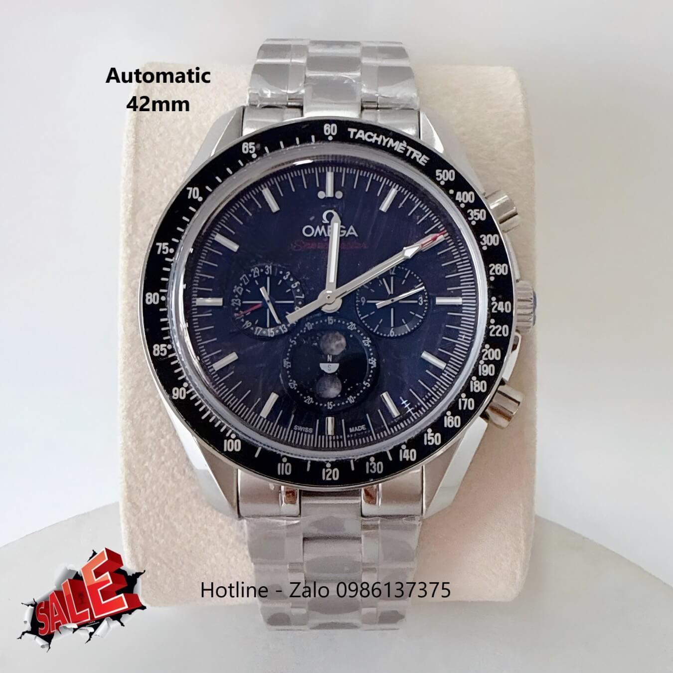 Đồng Hồ Omega Speedmaster Moonphase Automatic Thép Silver Mặt Xanh Size 42mm