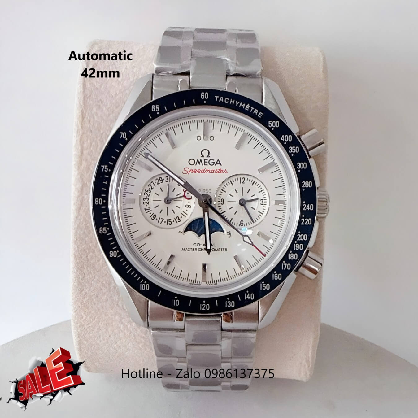 Đồng Hồ Omega Speedmaster Moonphase Automatic Thép Silver Mặt Trắng Viền Đen Size 42mm