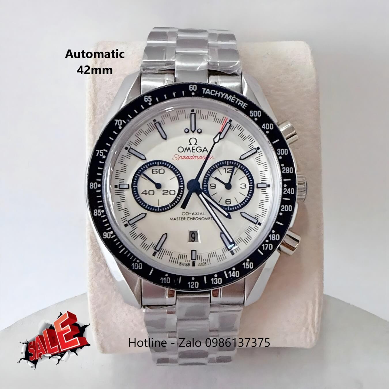 Đồng Hồ Omega Speedmaster Automatic Dây Kim Loại Silver Mặt Trắng Viền Đen Size 42mm