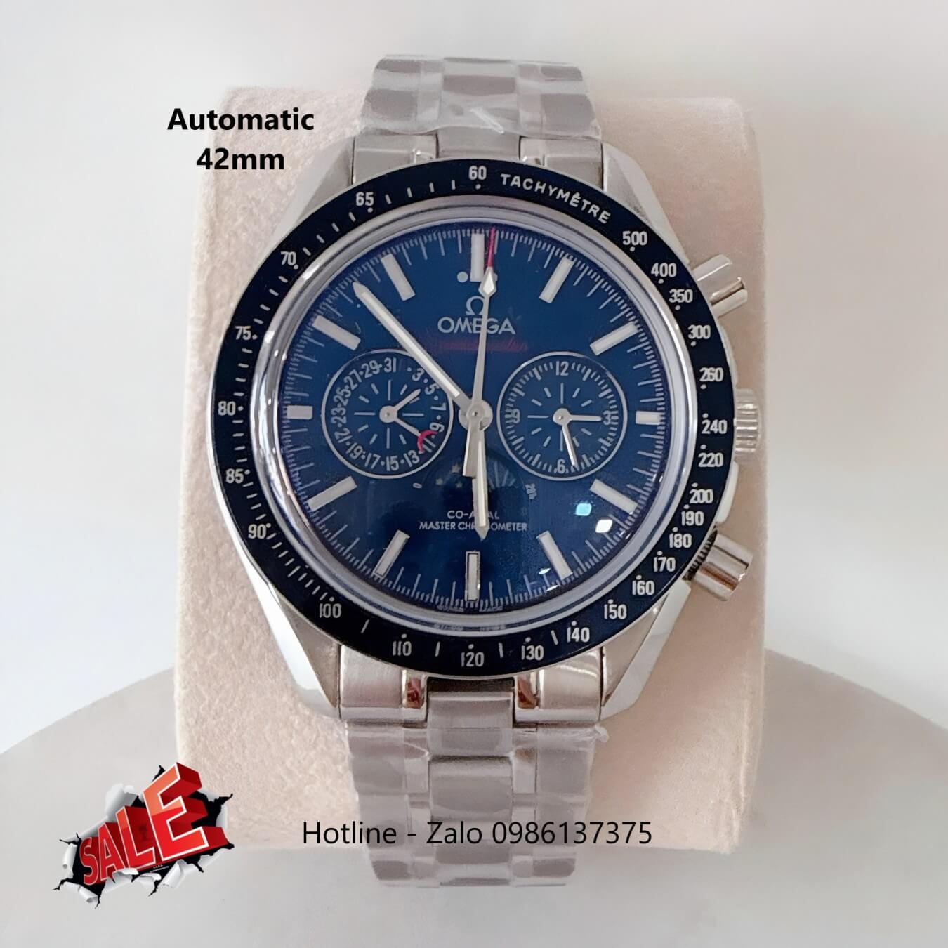 Đồng Hồ Omega Speedmaster Automatic Dây Thép Silver Mặt Xanh Viền Đen Size 42mm