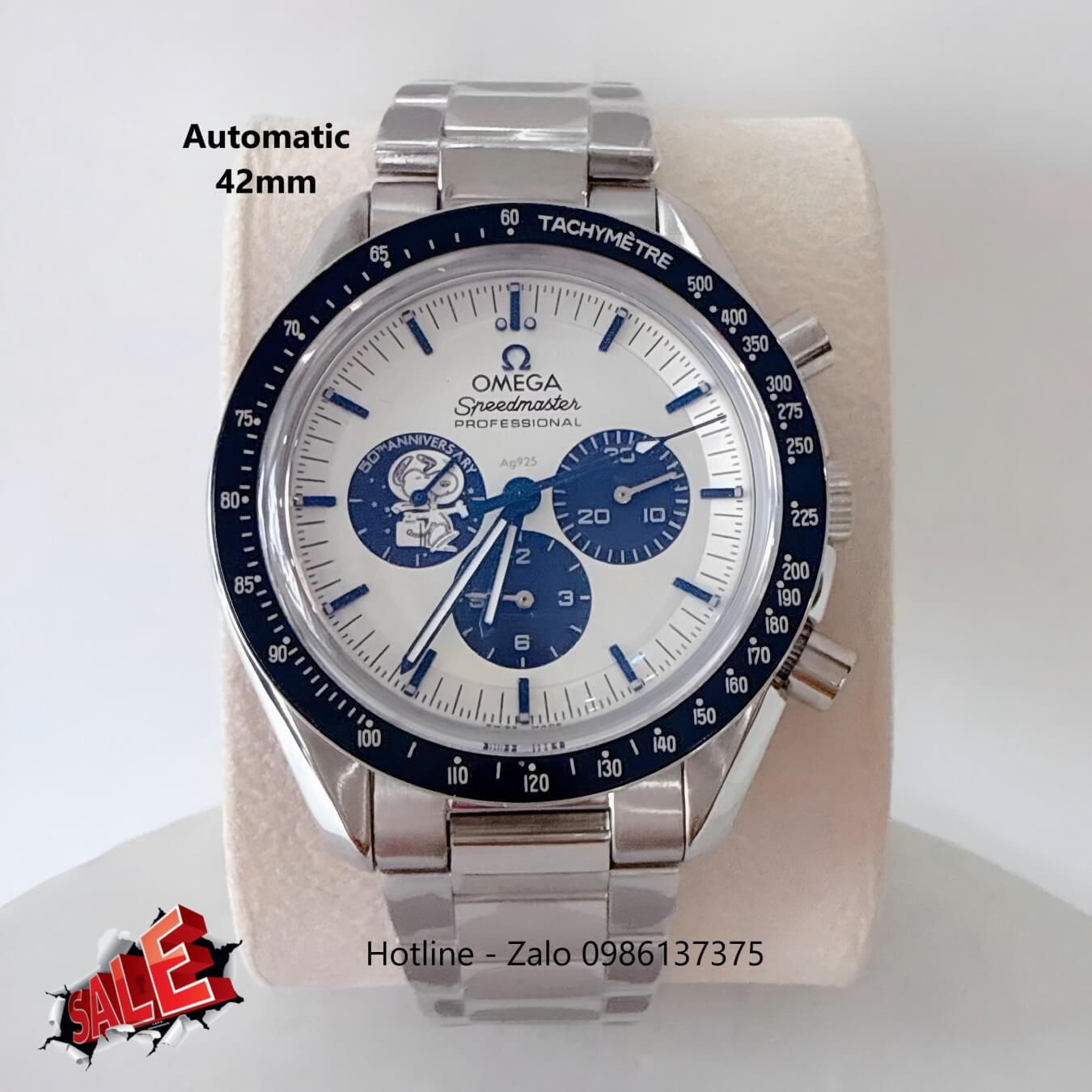 Đồng Hồ Omega Speedmaster Snoopy Automatic Dây Thép Silver Mặt Trắng Viền Đen Size 42mm