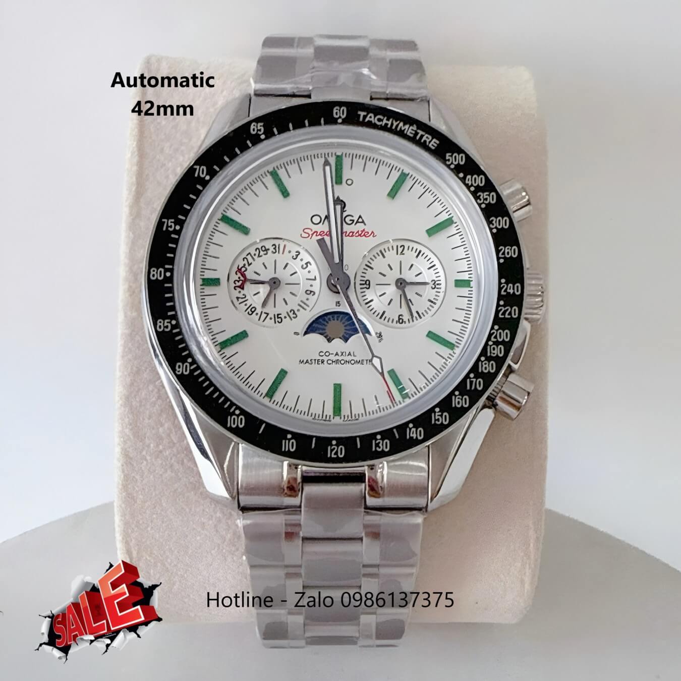Đồng Hồ Omega Speedmaster Moonphase Automatic Thép Silver Mặt Trắng Viền Đen Size 42mm