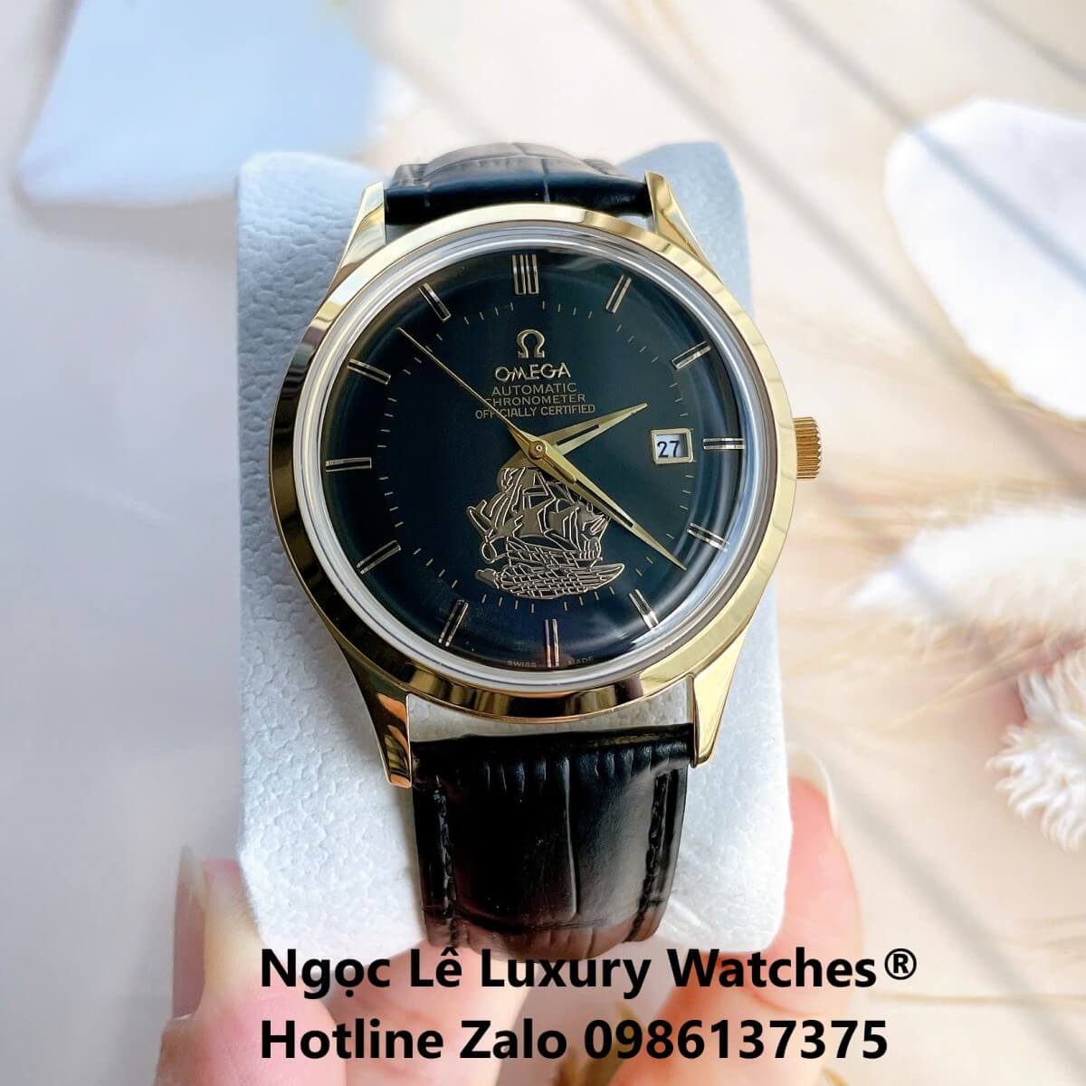 Đồng Hồ Nam Omega Thuyền Buồm Máy Cơ Tự Động Dây Da Đen Mặt Đen Vỏ Gold Size 40mm