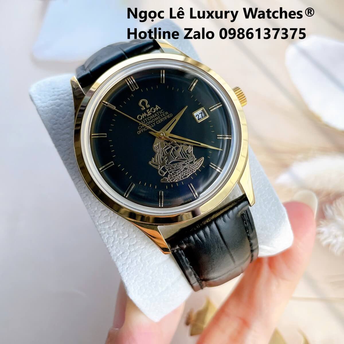 Đồng Hồ Nam Omega Thuyền Buồm Máy Cơ Tự Động Dây Da Đen Mặt Đen Vỏ Gold Size 40mm
