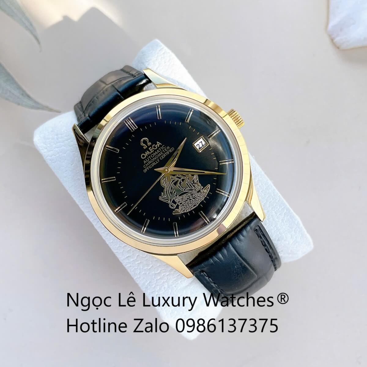 Đồng Hồ Nam Omega Thuyền Buồm Máy Cơ Tự Động Dây Da Đen Mặt Đen Vỏ Gold Size 40mm