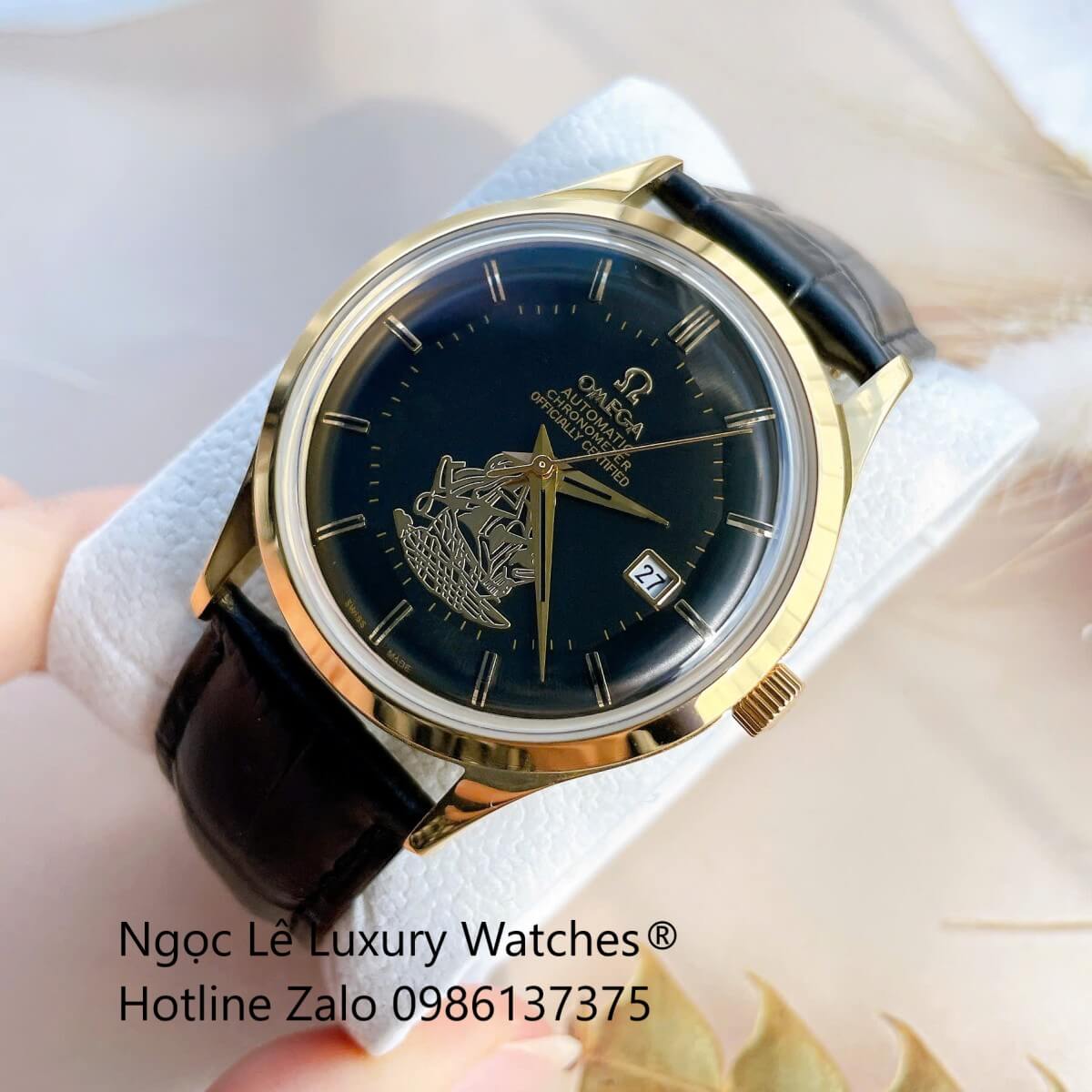 Đồng Hồ Nam Omega Thuyền Buồm Máy Cơ Tự Động Dây Da Đen Mặt Đen Vỏ Gold Size 40mm