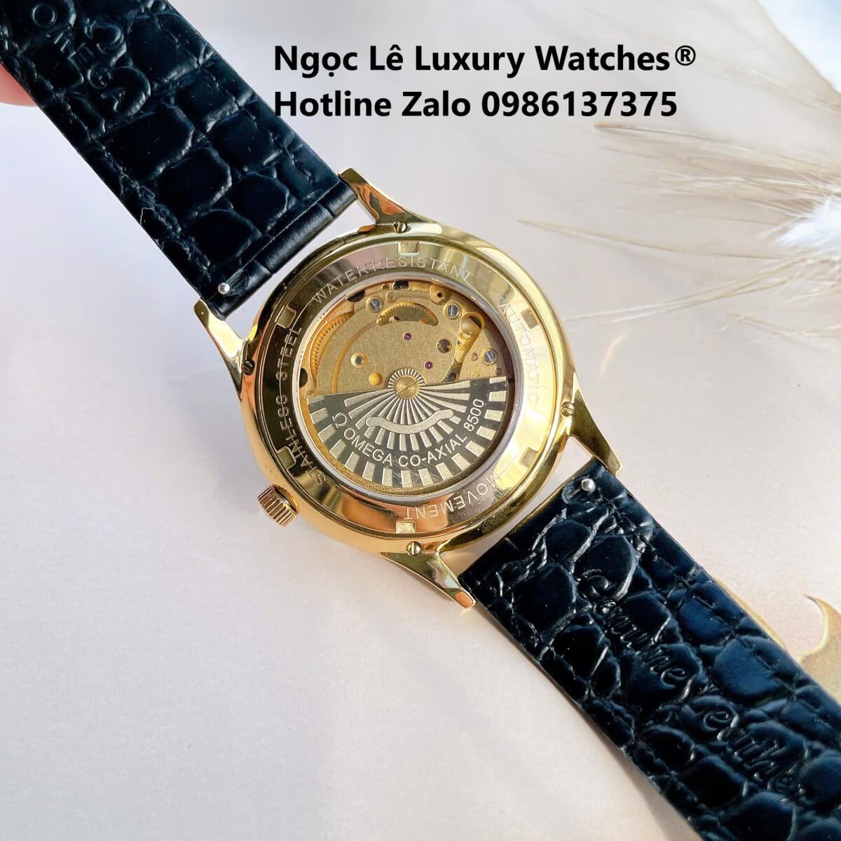 Đồng Hồ Nam Omega Thuyền Buồm Máy Cơ Tự Động Dây Da Đen Mặt Đen Vỏ Gold Size 40mm