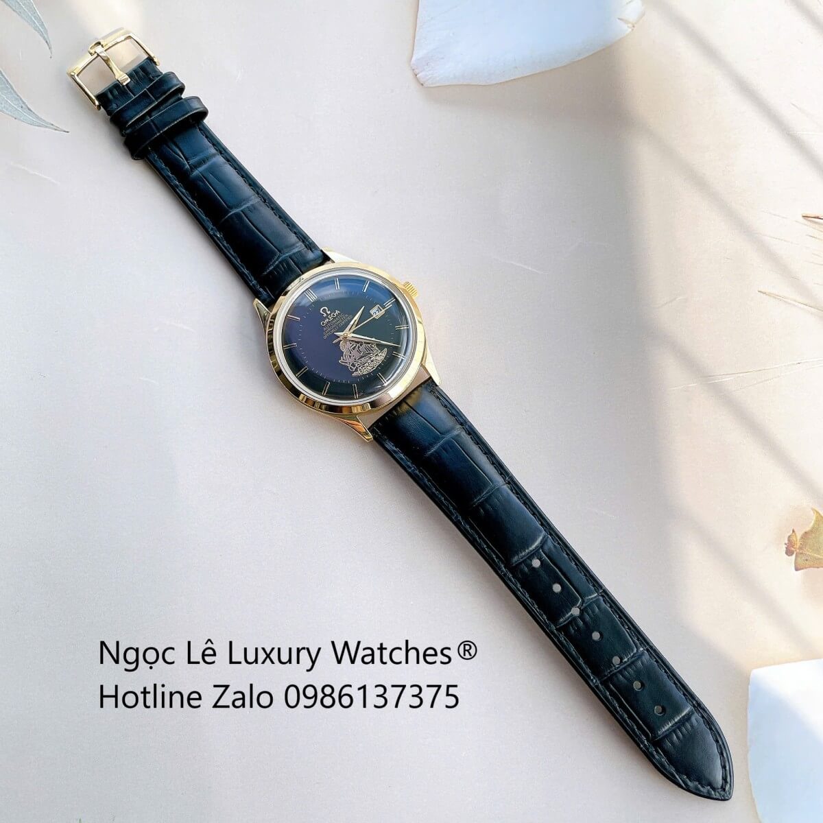 Đồng Hồ Nam Omega Thuyền Buồm Máy Cơ Tự Động Dây Da Đen Mặt Đen Vỏ Gold Size 40mm