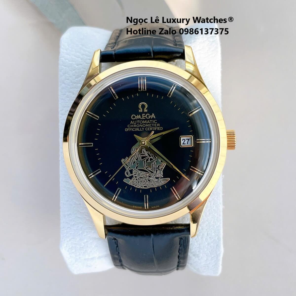 Đồng Hồ Nam Omega Thuyền Buồm Máy Cơ Tự Động Dây Da Đen Mặt Đen Vỏ Gold Size 40mm
