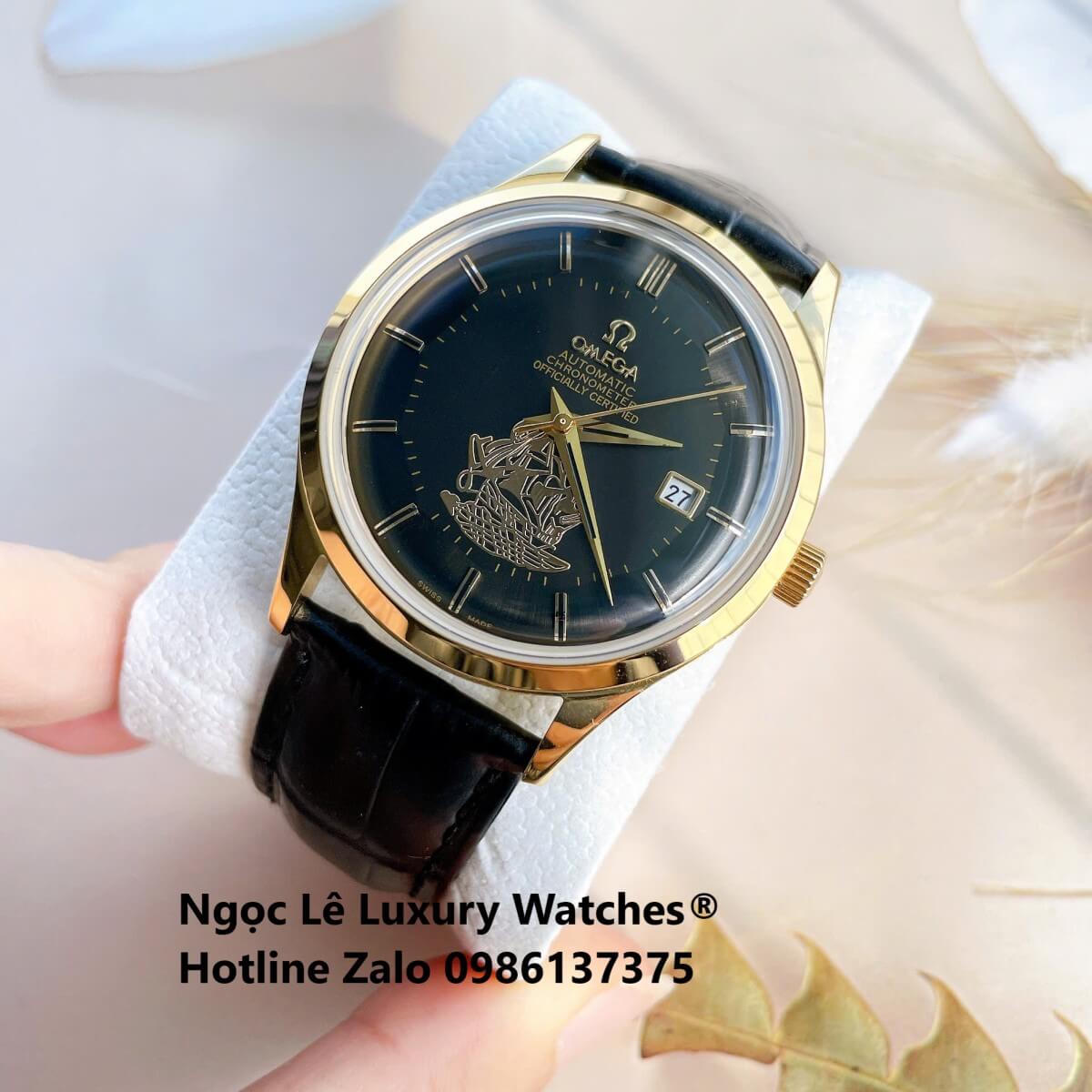 Đồng Hồ Nam Omega Thuyền Buồm Máy Cơ Tự Động Dây Da Đen Mặt Đen Vỏ Gold Size 40mm
