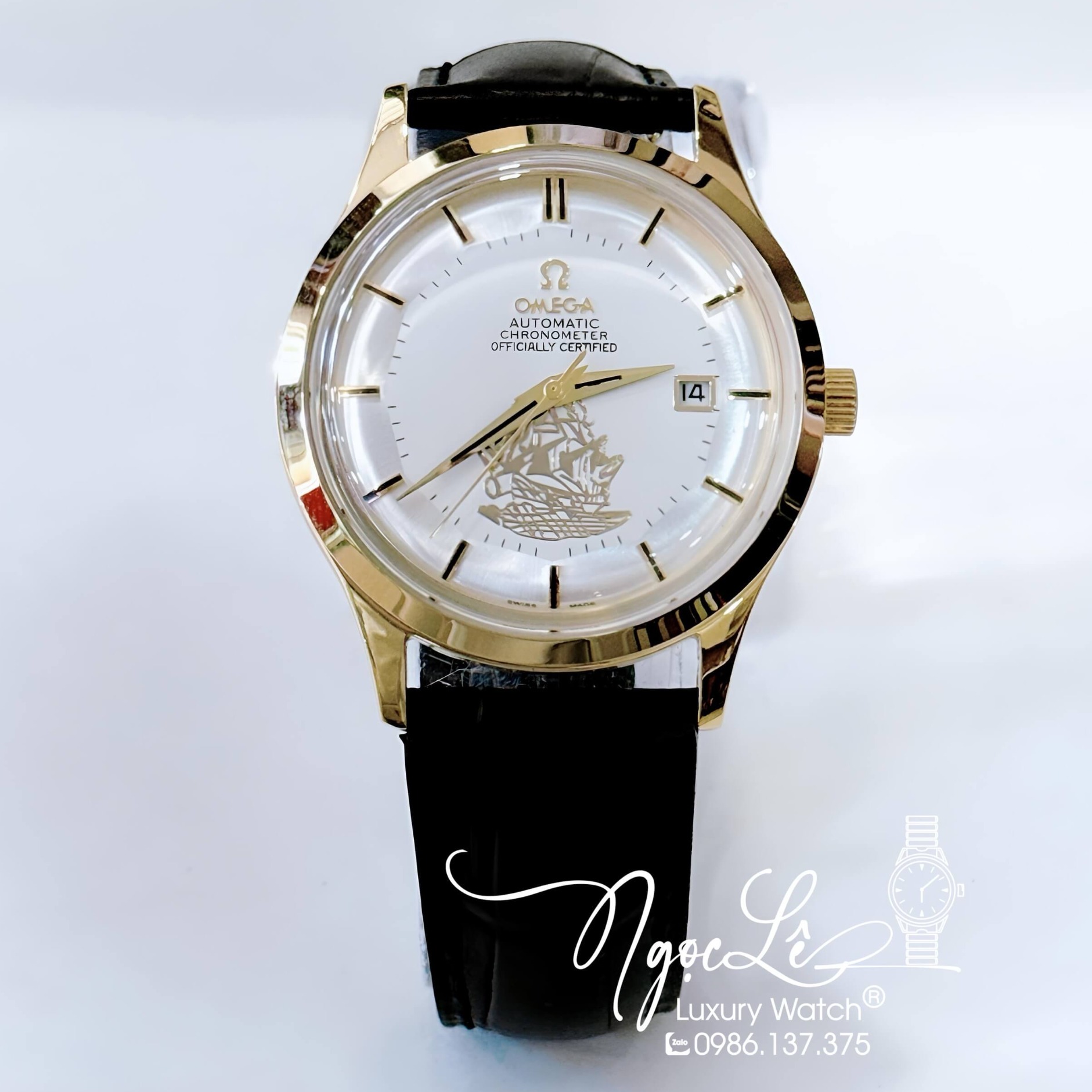 Đồng Hồ Nam Omega Thuyền Buồm Tự Động Dây Da Đen Mặt Trắng Vỏ Vàng Gold Size 40mm
