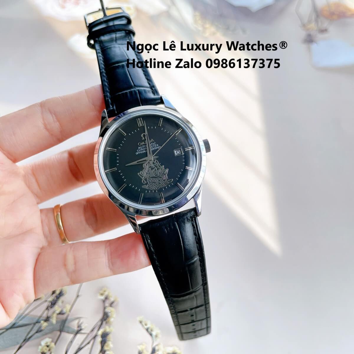 Đồng Hồ Nam Omega Thuyền Buồm Máy Cơ Tự Động Dây Da Đen Mặt Đen Vỏ Silver Size 40mm