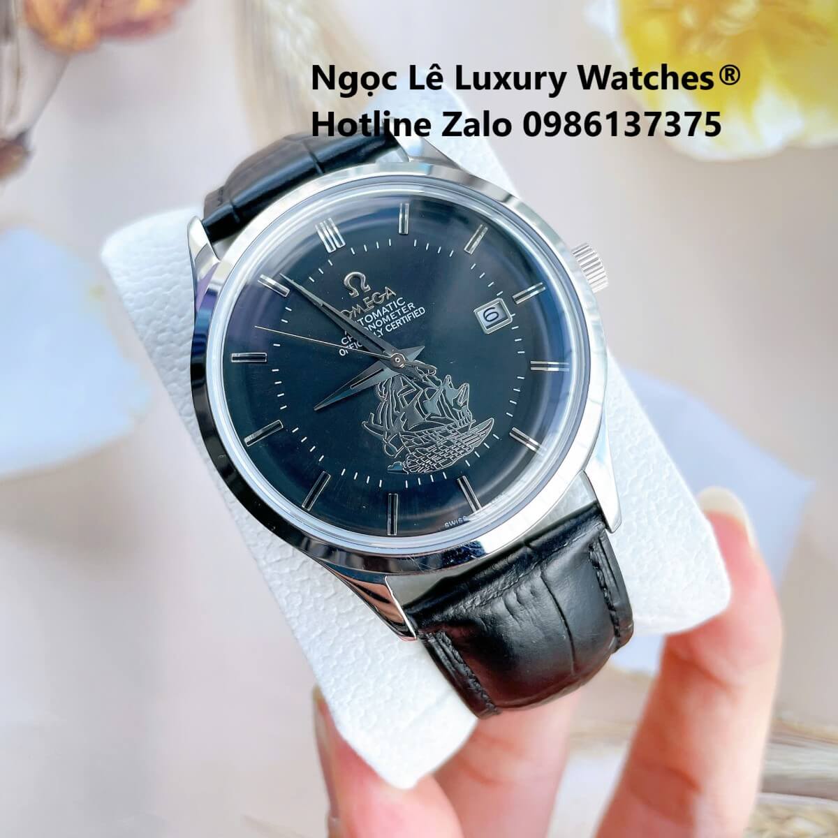 Đồng Hồ Nam Omega Thuyền Buồm Máy Cơ Tự Động Dây Da Đen Mặt Đen Vỏ Silver Size 40mm