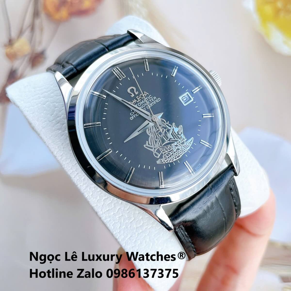 Đồng Hồ Nam Omega Thuyền Buồm Máy Cơ Tự Động Dây Da Đen Mặt Đen Vỏ Silver Size 40mm