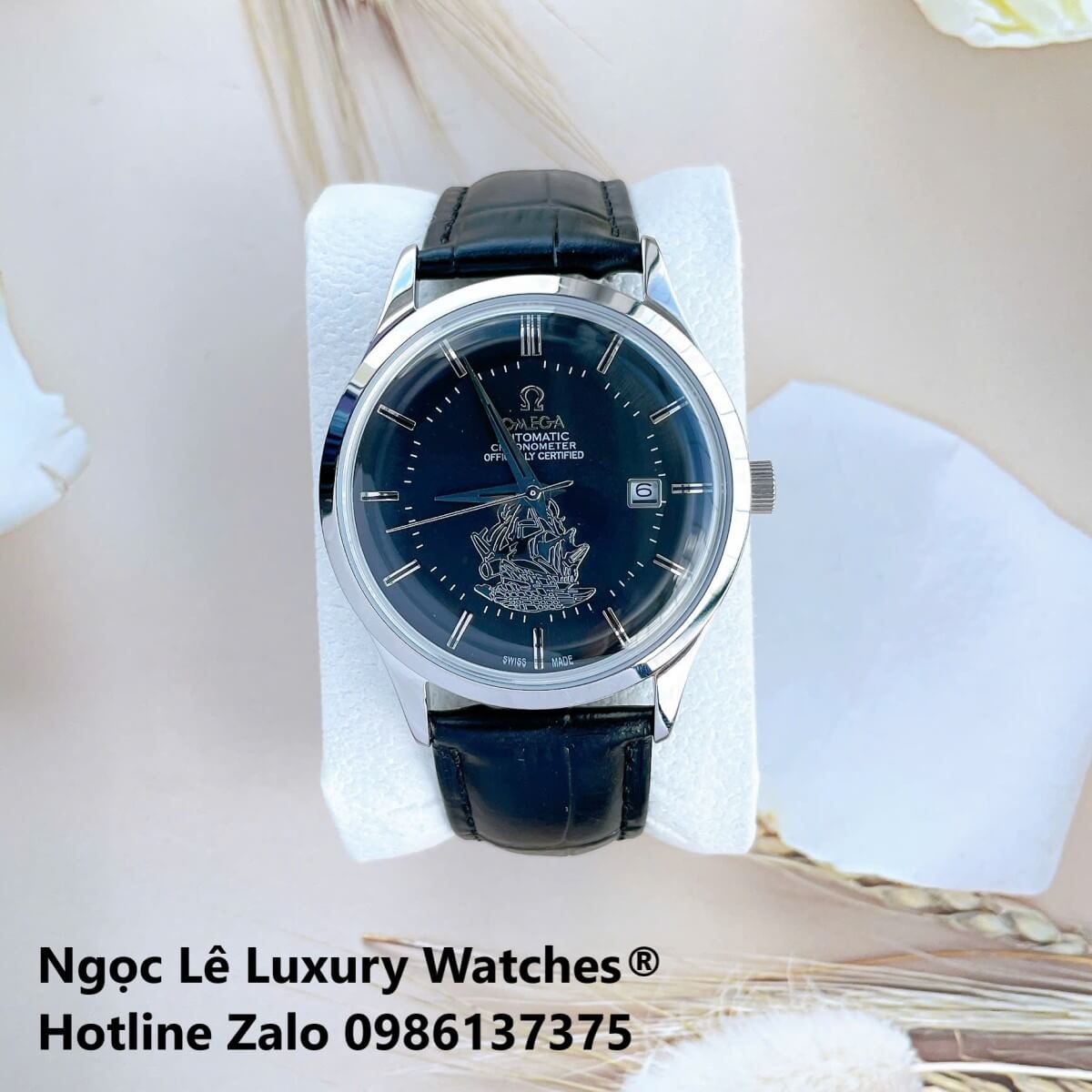 Đồng Hồ Nam Omega Thuyền Buồm Máy Cơ Tự Động Dây Da Đen Mặt Đen Vỏ Silver Size 40mm