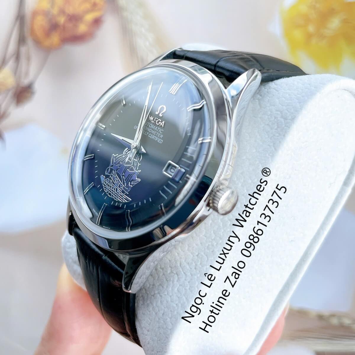 Đồng Hồ Nam Omega Thuyền Buồm Máy Cơ Tự Động Dây Da Đen Mặt Đen Vỏ Silver Size 40mm