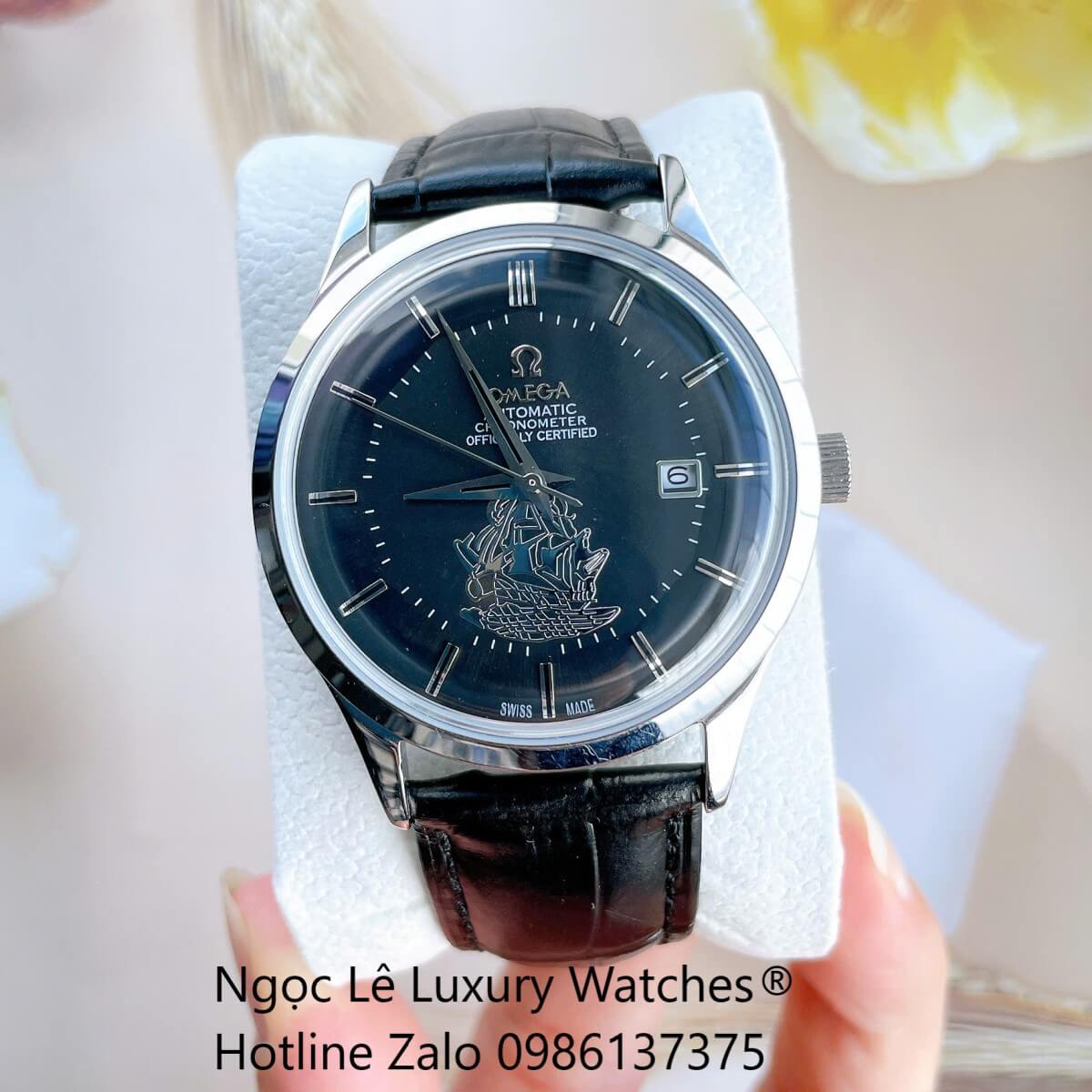 Đồng Hồ Nam Omega Thuyền Buồm Máy Cơ Tự Động Dây Da Đen Mặt Đen Vỏ Silver Size 40mm