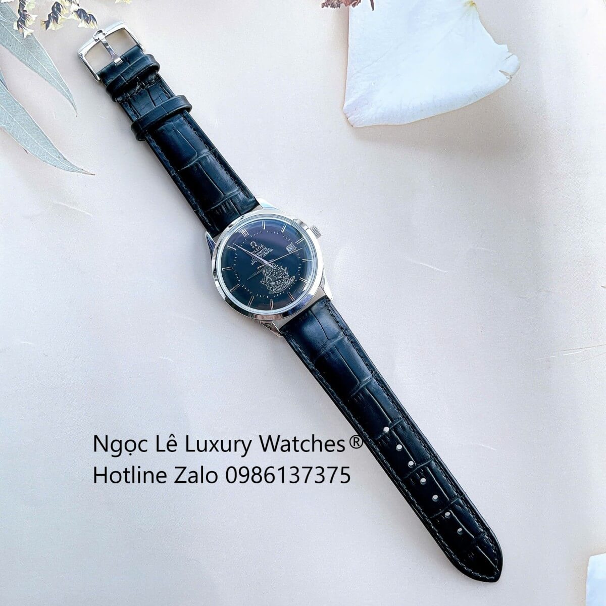 Đồng Hồ Nam Omega Thuyền Buồm Máy Cơ Tự Động Dây Da Đen Mặt Đen Vỏ Silver Size 40mm