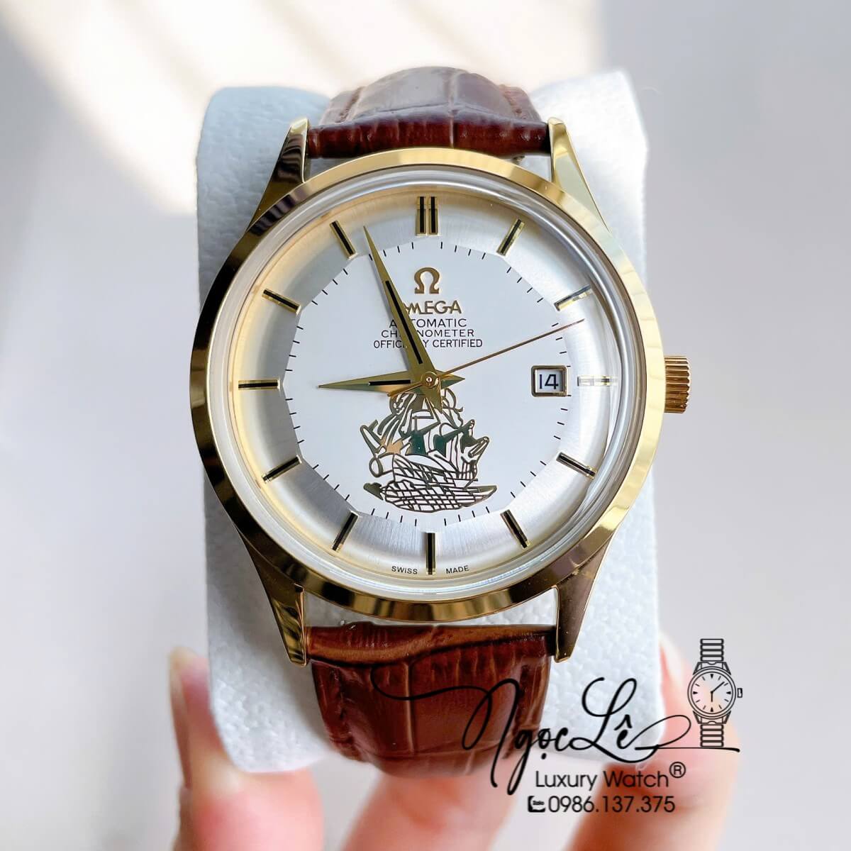 Đồng Hồ Nam Omega Thuyền Buồm Máy Cơ Tự Động Dây Da Nâu Mặt Trắng Vỏ Gold Size 40mm