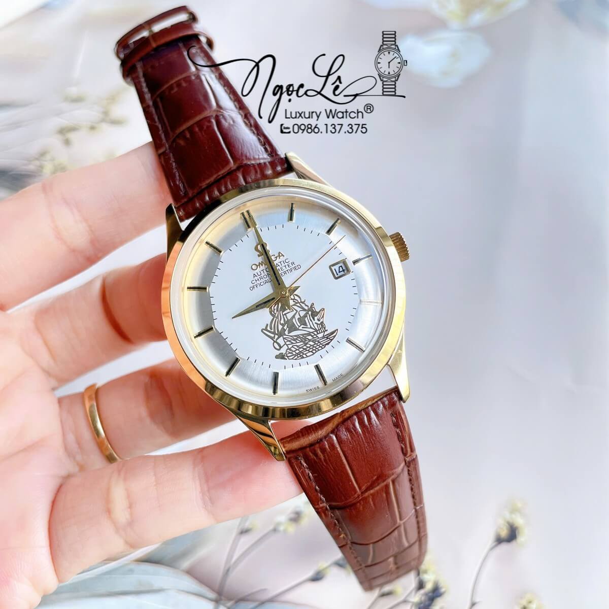 Đồng Hồ Nam Omega Thuyền Buồm Máy Cơ Tự Động Dây Da Nâu Mặt Trắng Vỏ Gold Size 40mm