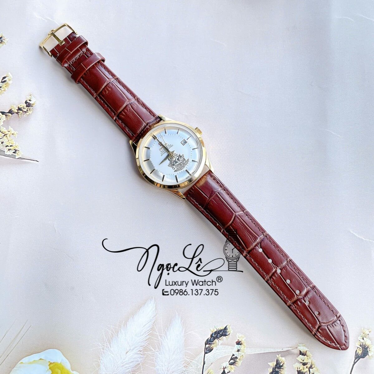 Đồng Hồ Nam Omega Thuyền Buồm Máy Cơ Tự Động Dây Da Nâu Mặt Trắng Vỏ Gold Size 40mm