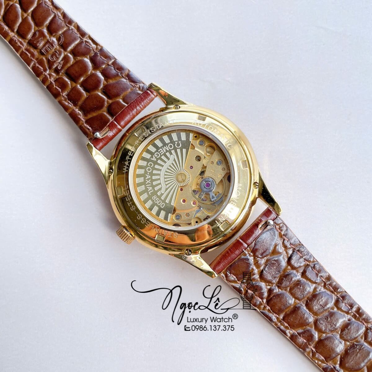 Đồng Hồ Nam Omega Thuyền Buồm Máy Cơ Tự Động Dây Da Nâu Mặt Trắng Vỏ Gold Size 40mm