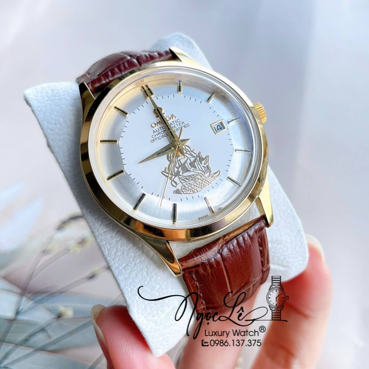 Đồng Hồ Nam Omega Thuyền Buồm Máy Cơ Tự Động Dây Da Nâu Mặt Trắng Vỏ Gold Size 40mm