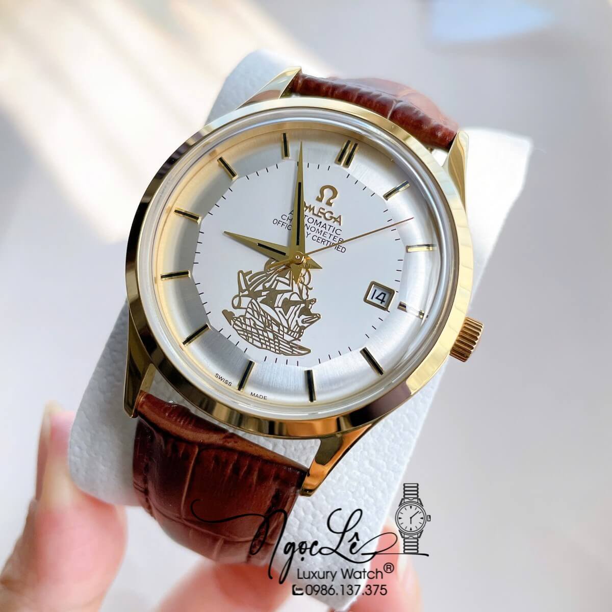 Đồng Hồ Nam Omega Thuyền Buồm Máy Cơ Tự Động Dây Da Nâu Mặt Trắng Vỏ Gold Size 40mm